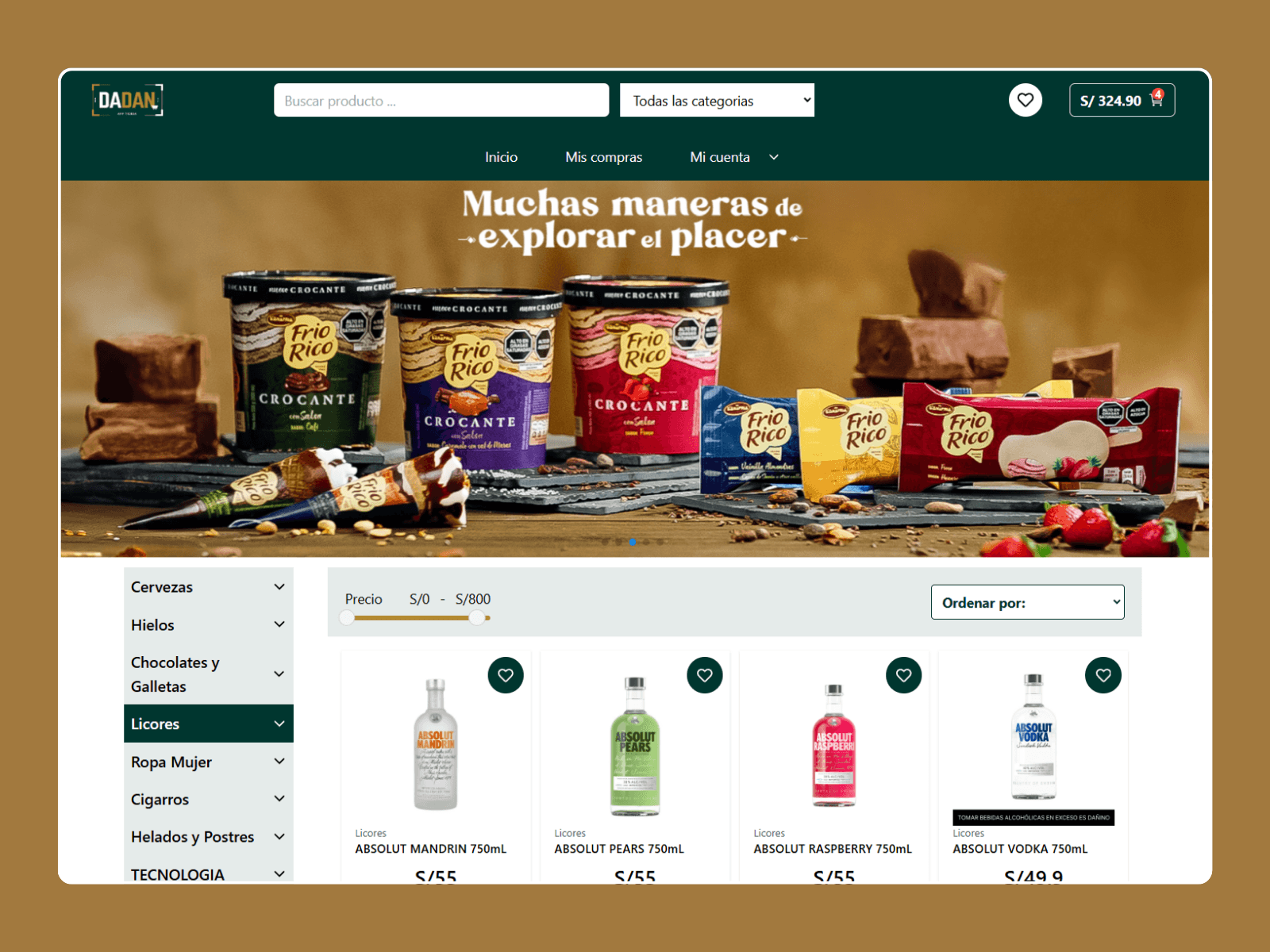 Tienda online propia + app de administración para Dadan